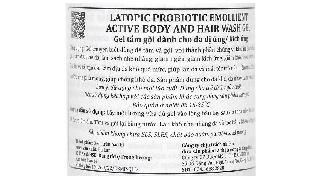 Gel tắm gội toàn thân Latopic Probiotic Emollient cho da dị ứng chai 400ml - 3